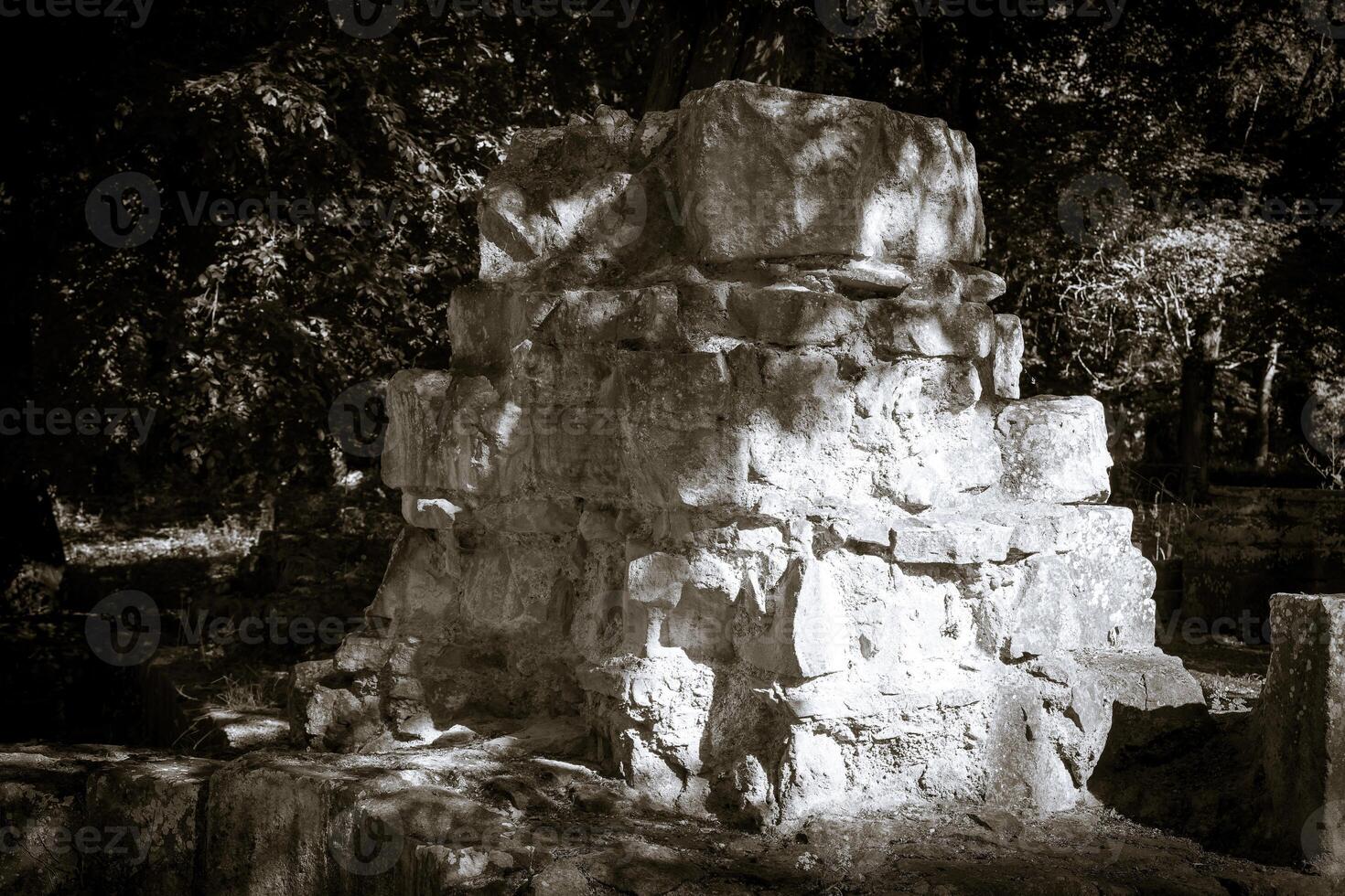 Ancient stone ruins illuminated by soft sunlight in a lush forest setting photo