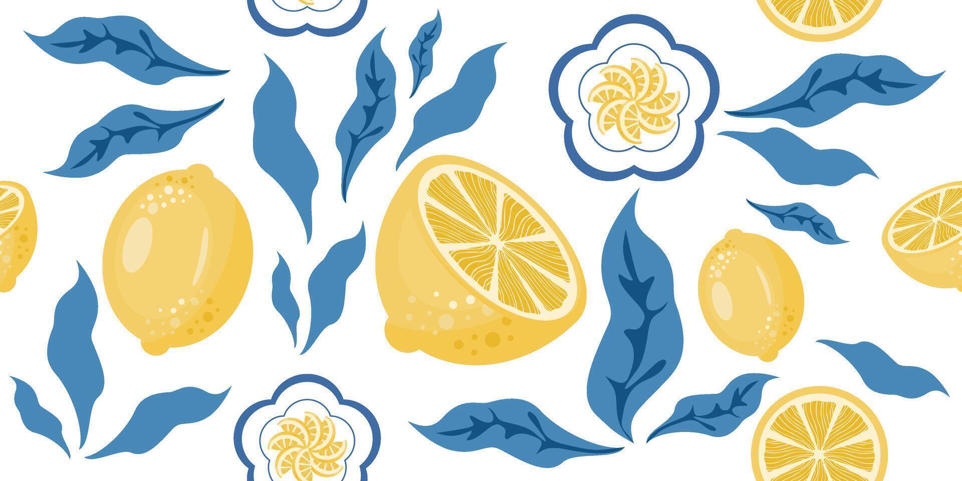 Fresh lemon seamless pattern with blue leaves and floral dish on a white background, perfect for summer design, packaging, fabric, or wallpaper. vector