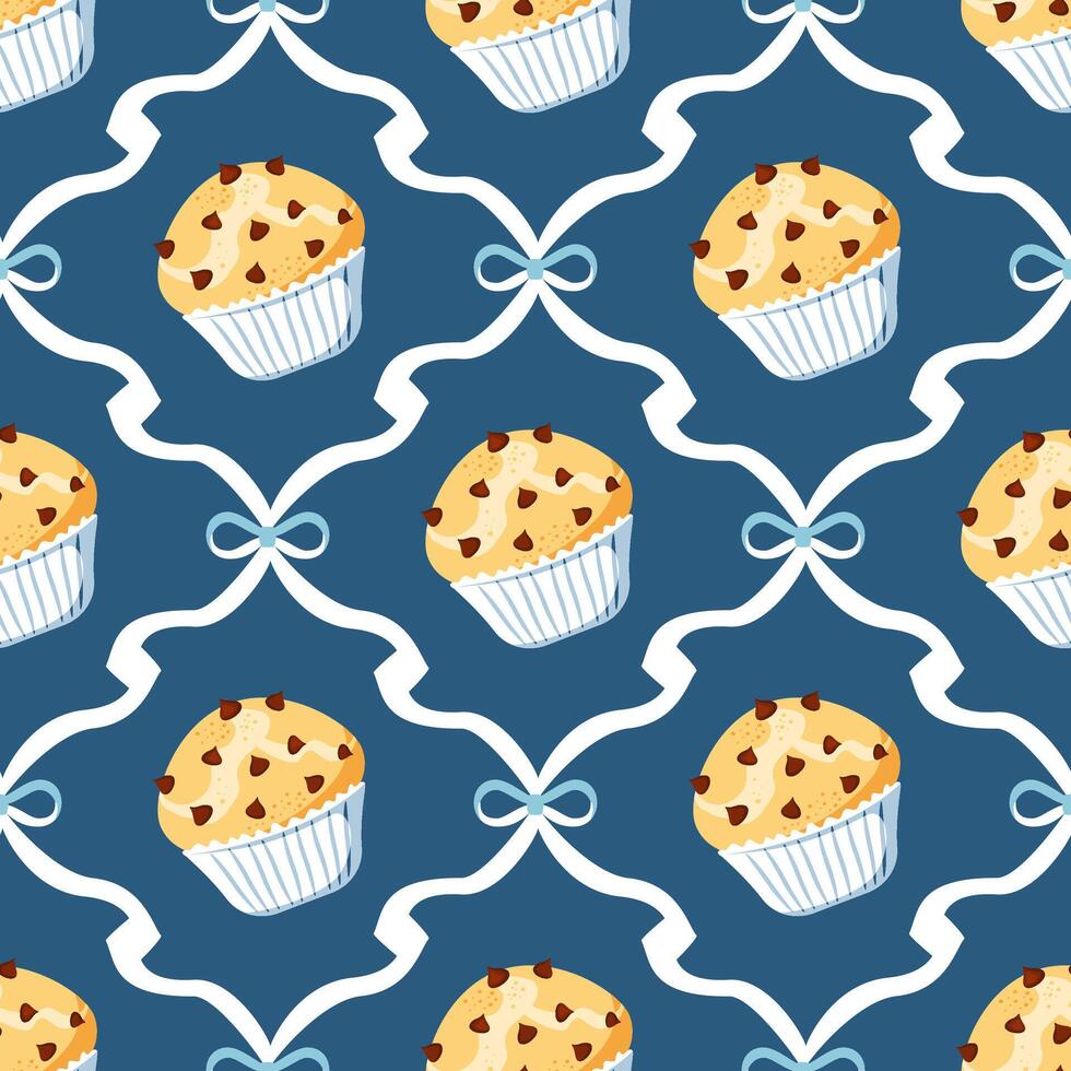 Seamless pattern with chocolate chip muffin and blue bows on blue background. vector