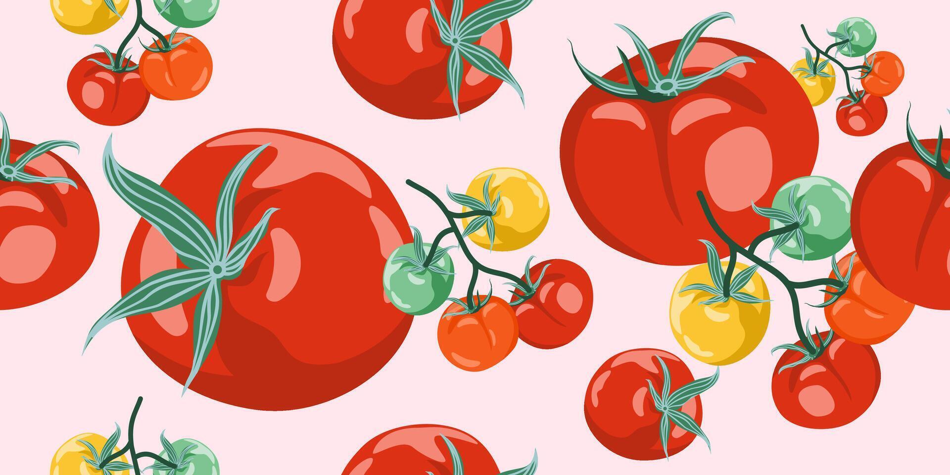 Seamless pattern of red, orange, yellow, and green cartoon tomatoes on a light pink background. Vegetable repeat design. Perfect for packaging, fabric, textile and wallpaper. vector