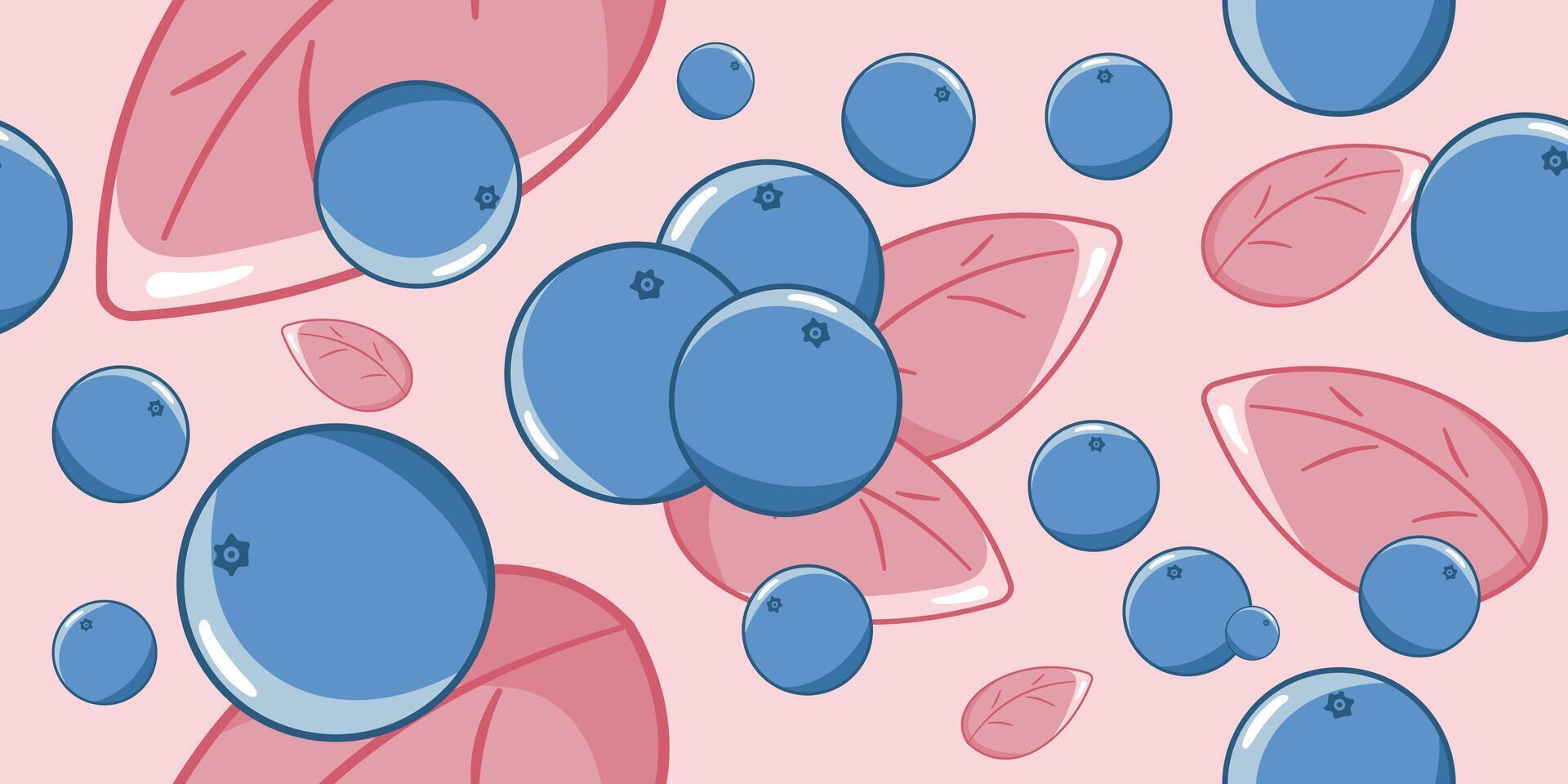 Blue cartoon blueberries and pink leaves, seamless pattern on a light pink background. Perfect for fabric, textile, clothing, poster, cover, banner , and wall art. vector