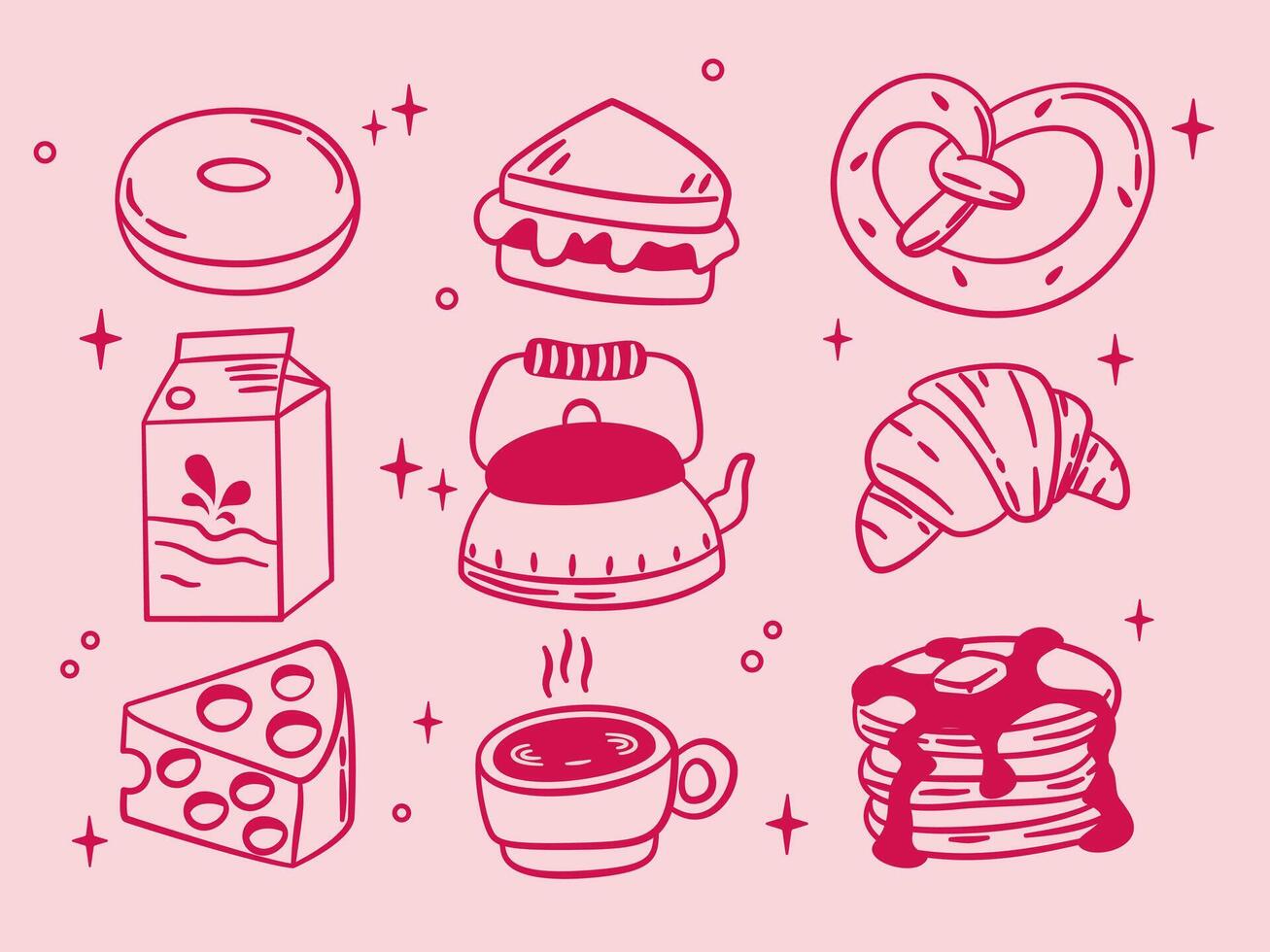 Coquette hand drawn breakfast elements including croissant, sandwich, coffee, and pancake on pink background. vector