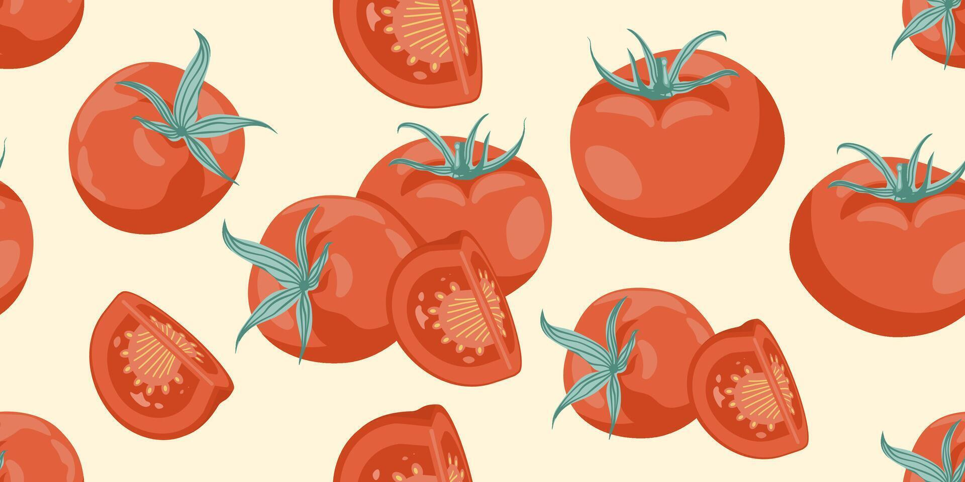 Seamless pattern of red cartoon tomatoes and slices on a light background. Vegetable repeat design. Perfect for packaging, fabric, textile and wallpaper. vector