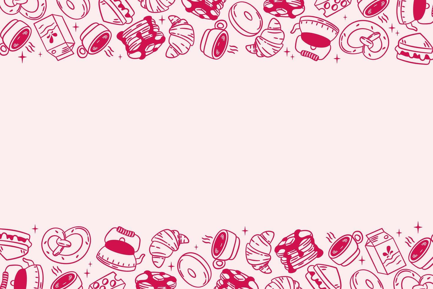 Pink line art border of breakfast items including croissants, donuts, and coffee cups. Perfect for menus, recipes, or a sweet background. vector