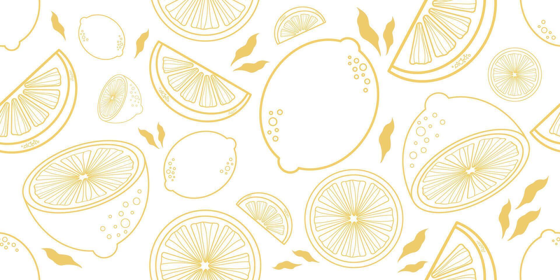 Seamless pattern of yellow outline lemons and slices on a white background. Citrus fruit line art repeat. Perfect for packaging, fabric, textile and wallpaper. vector