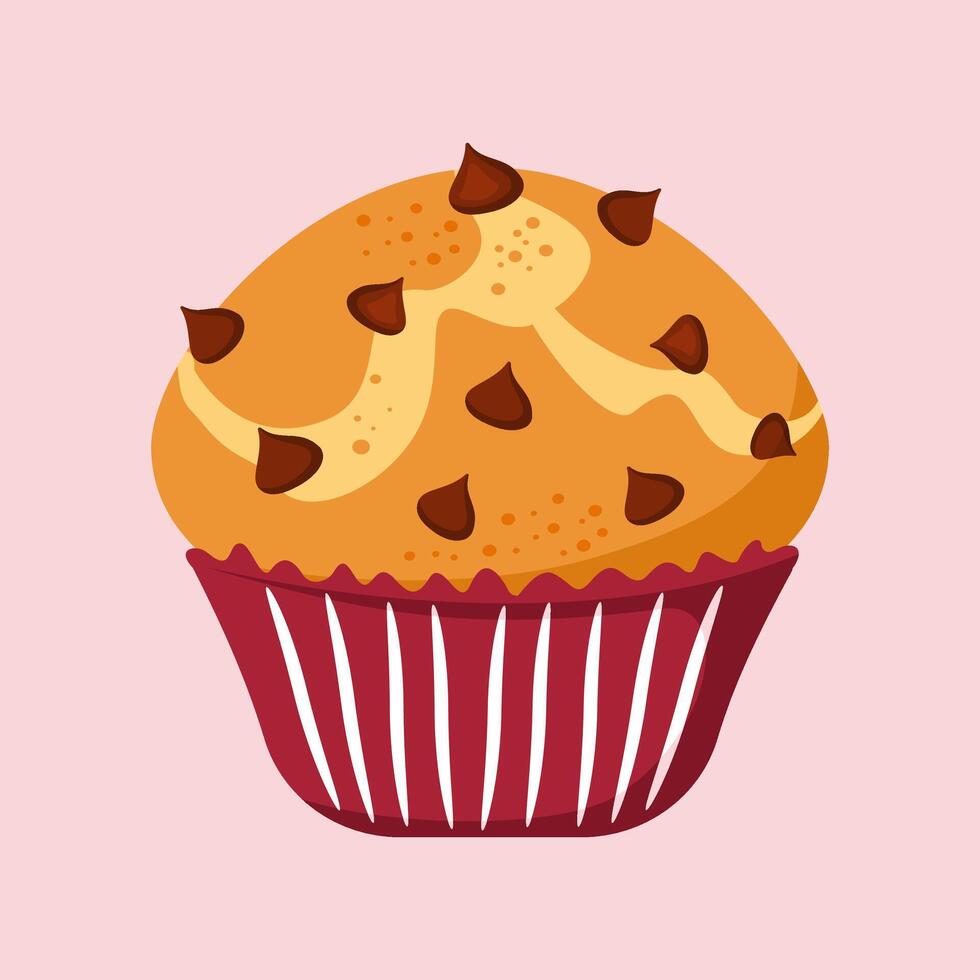 Chocolate chip muffin in a red wrapper, a sweet treat perfect for breakfast, dessert, or bakery designs. vector