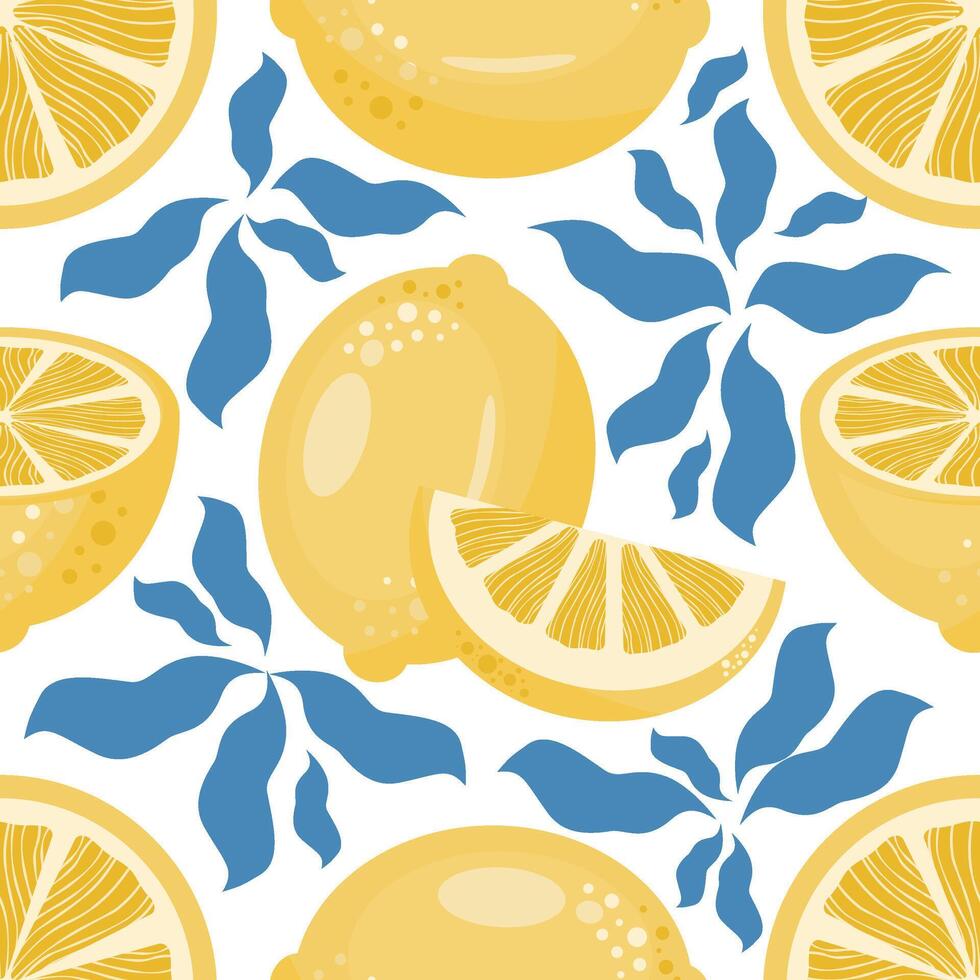Seamless pattern of yellow lemons, slices, and stylized blue leaves on a white background. Fresh citrus repeat design. Perfect for packaging, fabric, textile and paper wrapping. vector