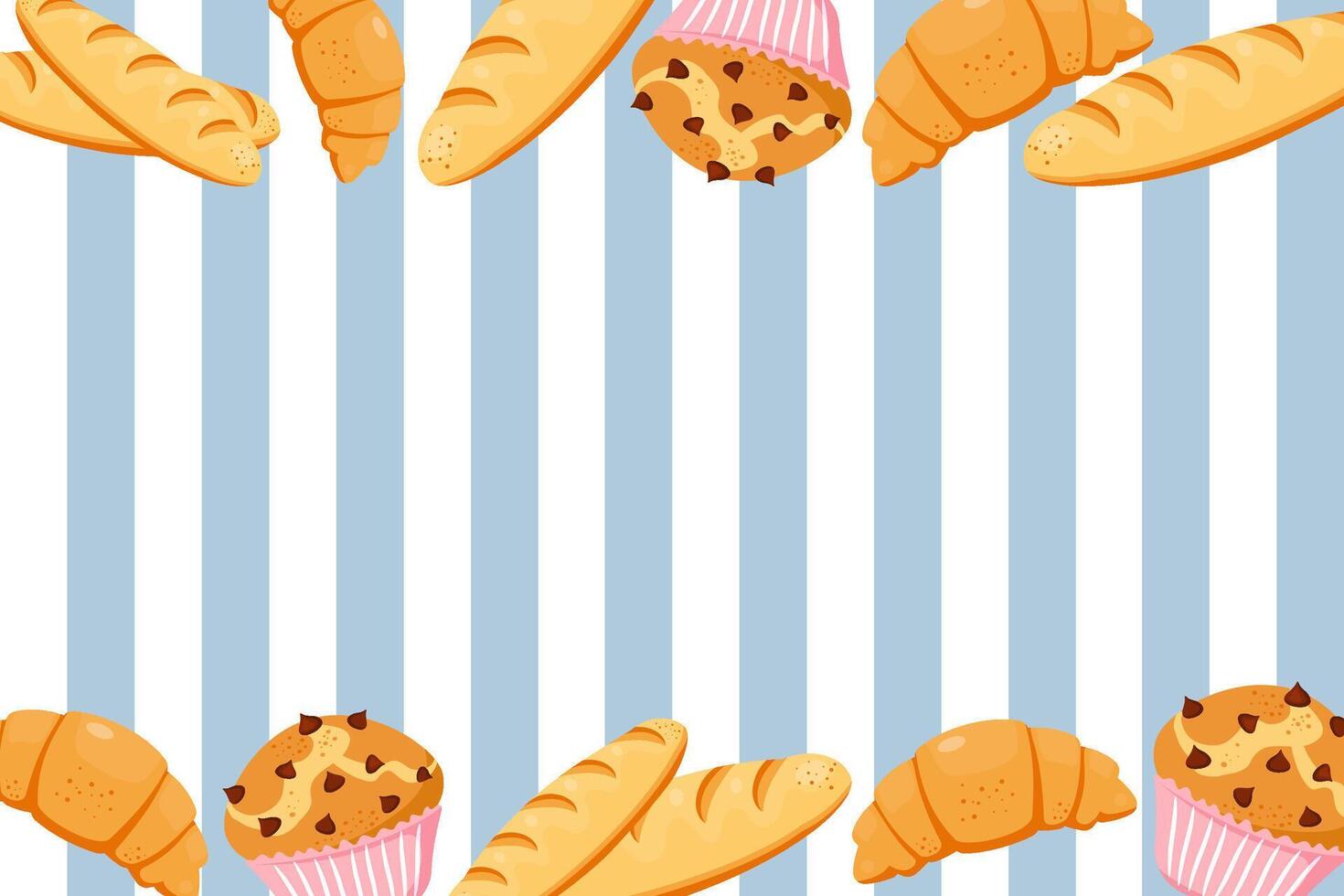 Cartoon bakery elements on a blue and white striped background include bread, croissants, muffins, jam. Food illustration. vector