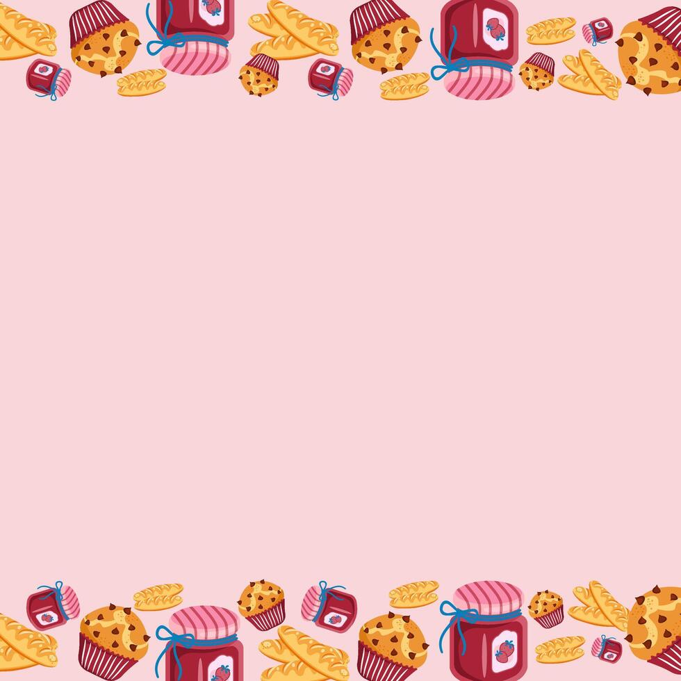 Cute bakery border with muffins, baguettes, croissants, and jam jars on a light pink background. Perfect for menus. vector