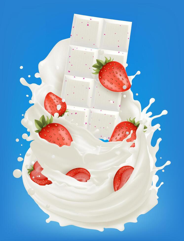 Strawberry chocolate bar and strawberry wafer with cream splash, realistic in 3d illustration, Milk and strawberries, mixed Food concepts.Gradient Mesh vector