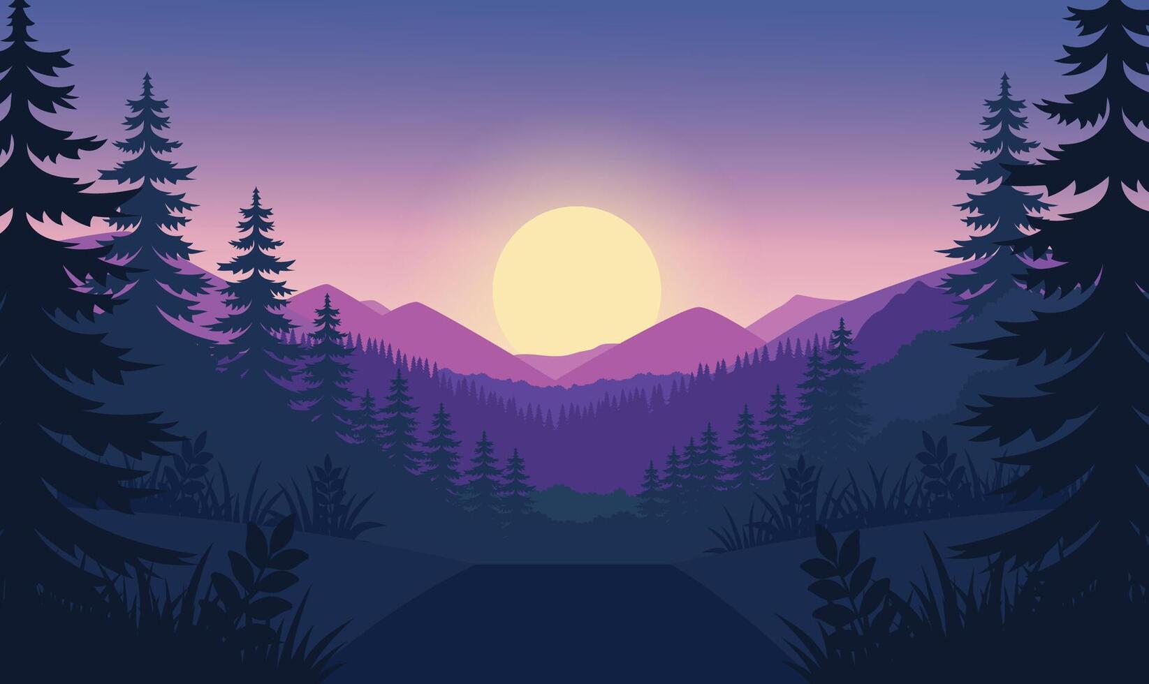 Road with Beautiful Mountains Nature Landscape with Pine Trees in Forest with Sun in Dawn Sky vector