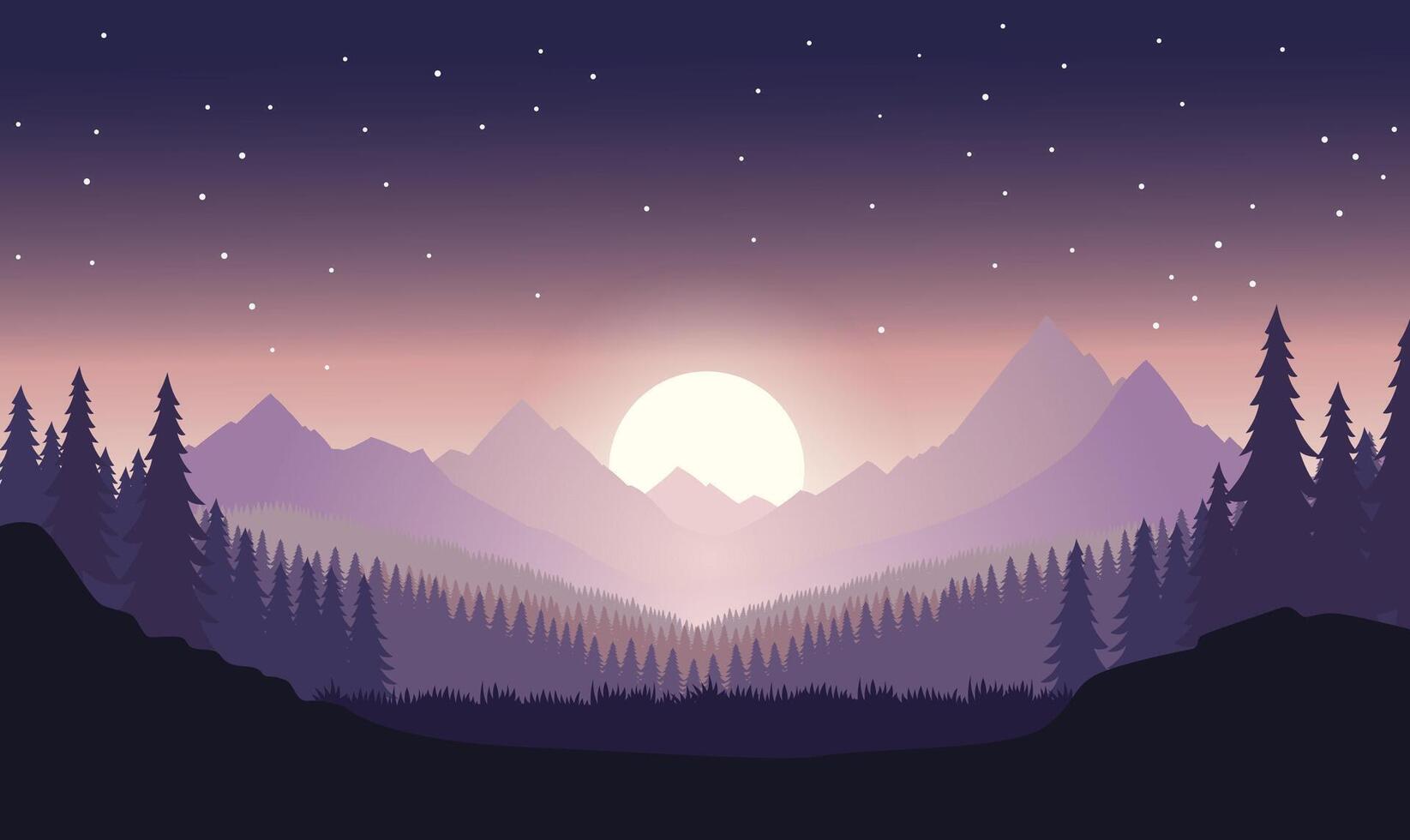 Beautiful Mountains Explore Nature Landscape with Pine Trees in Forest with Sun in Dusk Sky vector