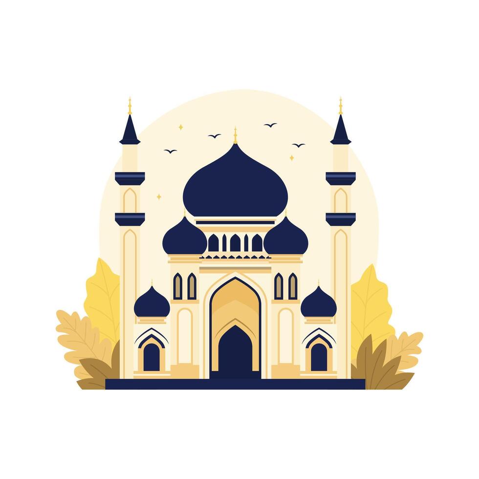 Illustration of Golden Islamic Mosque Exterior Building Landscape with PLant in Middle East vector