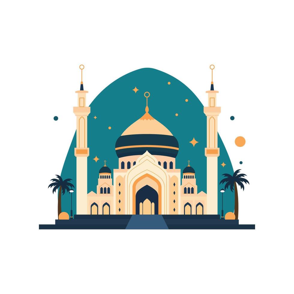 Illustration of Golden Islamic Mosque Exterior Building Landscape in Middle East at Night vector