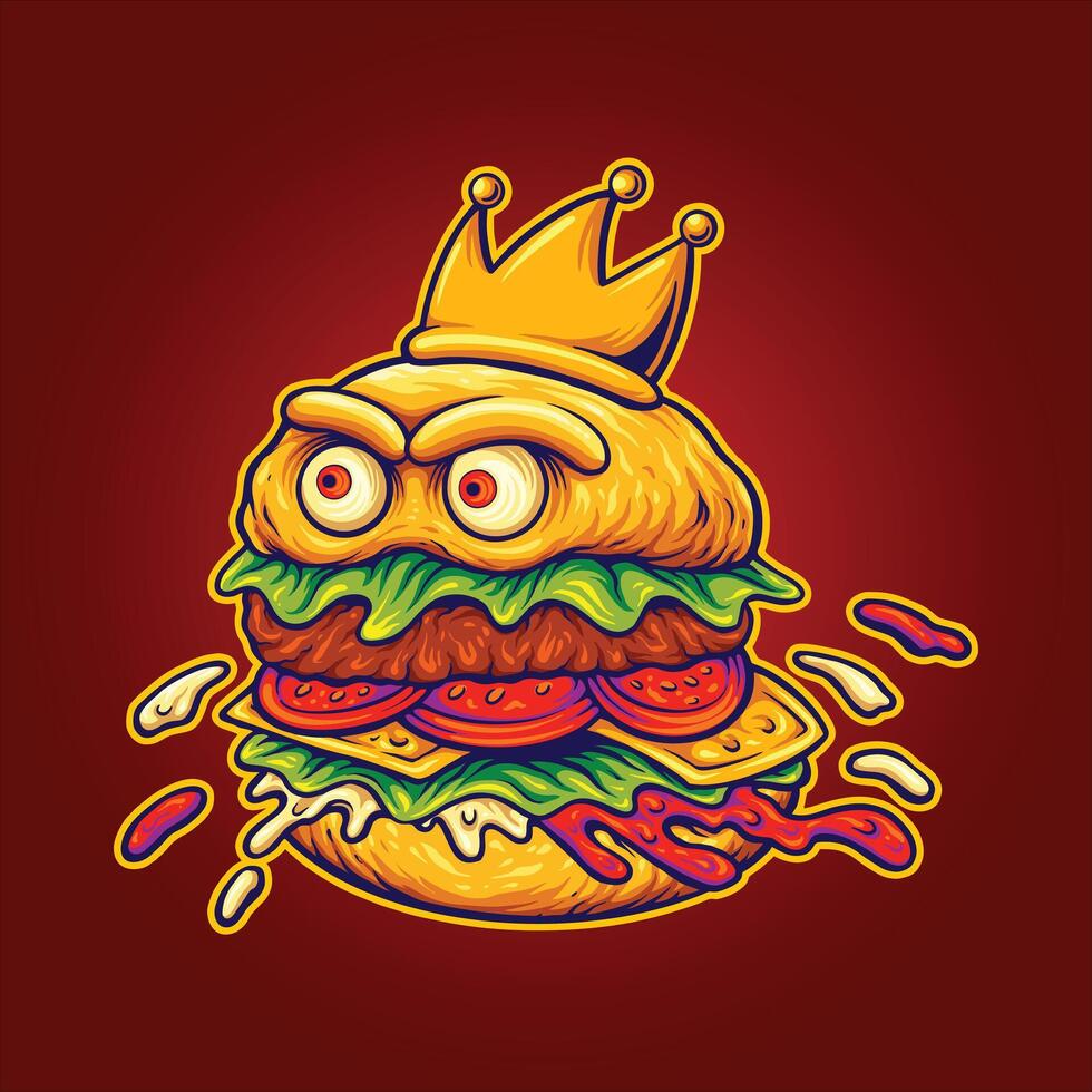 Cartoon Hamburger Character With Crown And Angry Eyes Mascot Logo vector