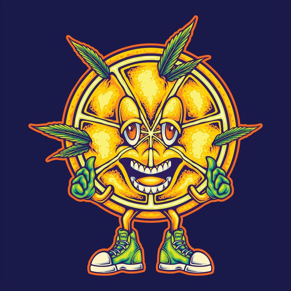 Cartoon Citrus Character Smiling With Cannabis Leaves And Thumbs Up Gesture vector