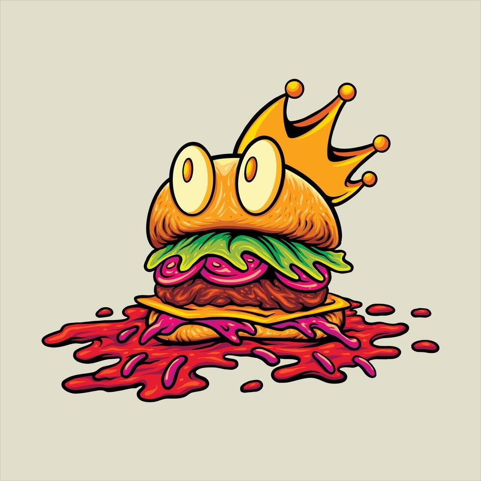 Cartoon Burger Character With Crown And Dripping Sauce vector