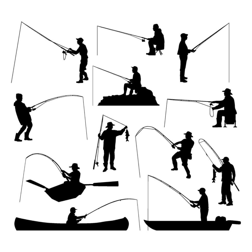 various fishing poses silhouettes set collection vector
