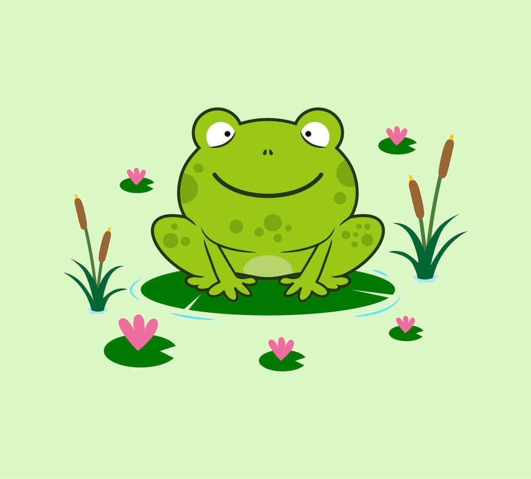 happy frog on lily pad pond cartoon illustration isolated vector