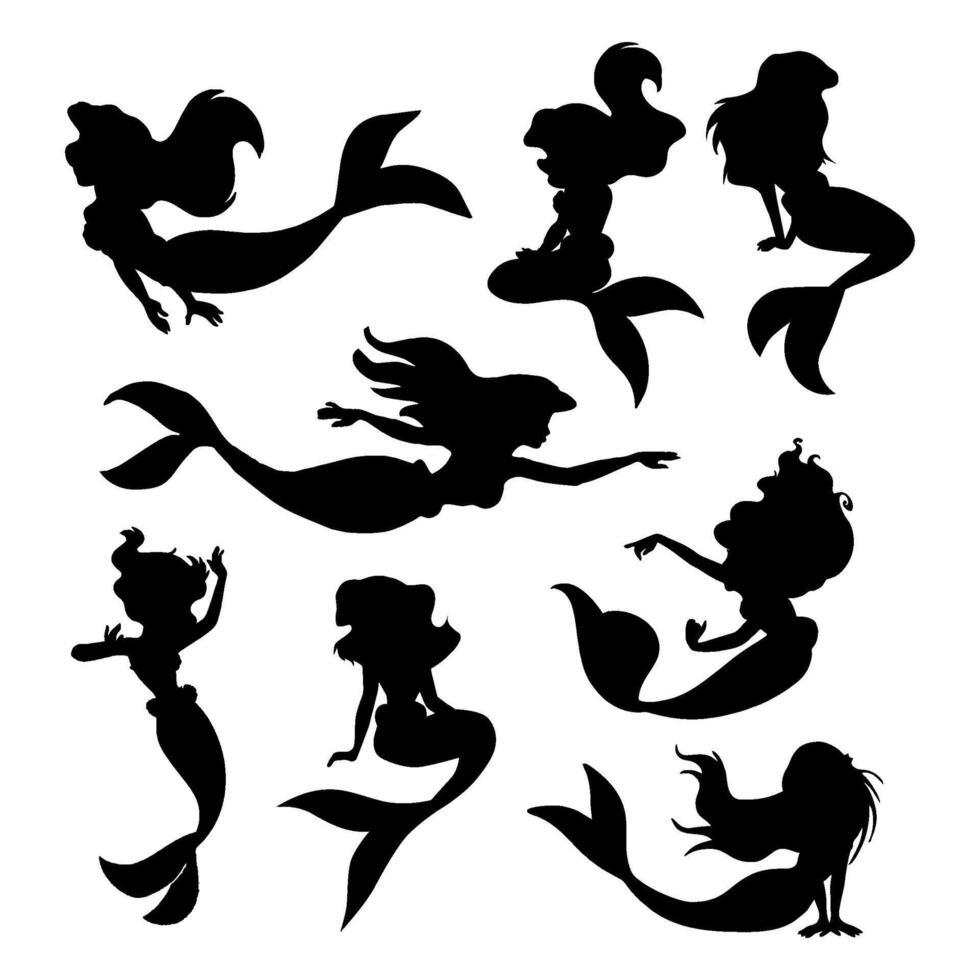 collection of mermaid silhouettes poses vector