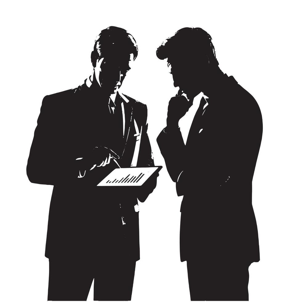 Two men in suits standing next to each other with a tablet vector