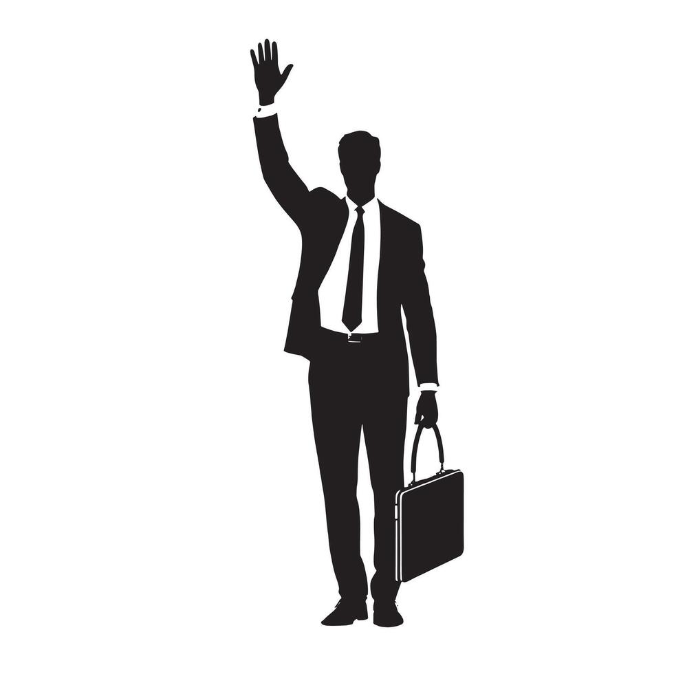 Silhouette of businessman with briefcase and hand up vector