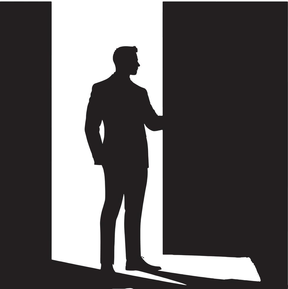 Silhouette of a man in a suit standing in front of an open door vector