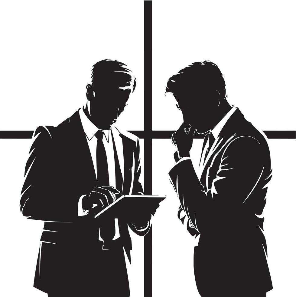 Two men in suits standing next to a window vector