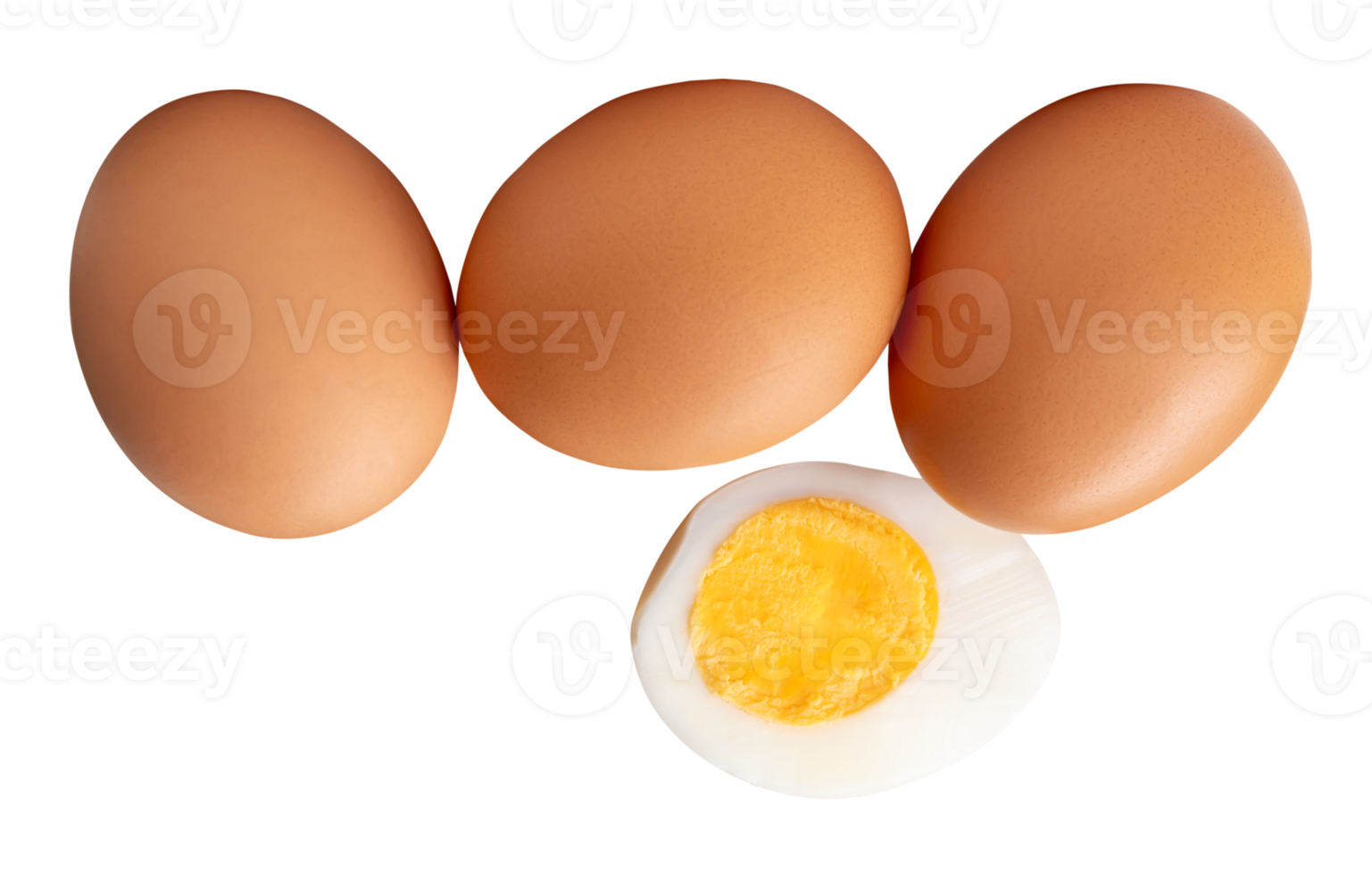 Top view of raw brown chicken eggs and cooked or boiled chicken egg with egg yolk in half in stack isolated in file format png