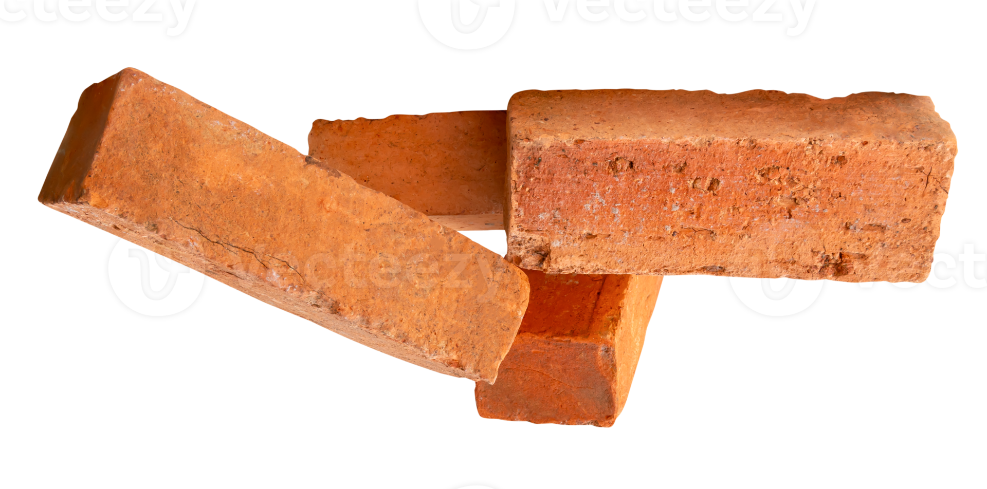 Four cracked old red or orange bricks in stack isolated with clipping path in file format png
