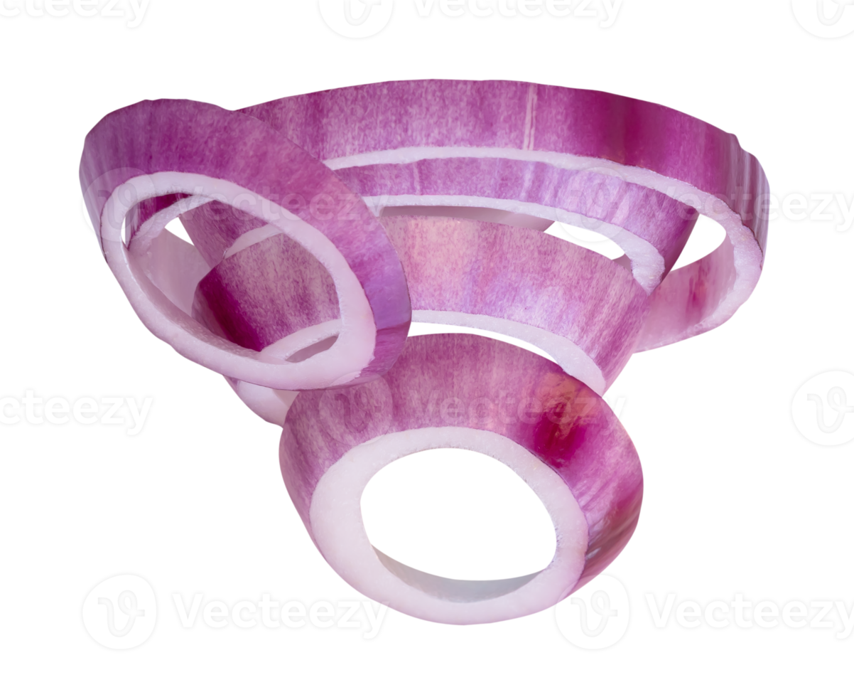 Red or purple Spanish onion rings or slices in stack isolated with clipping path in file format png