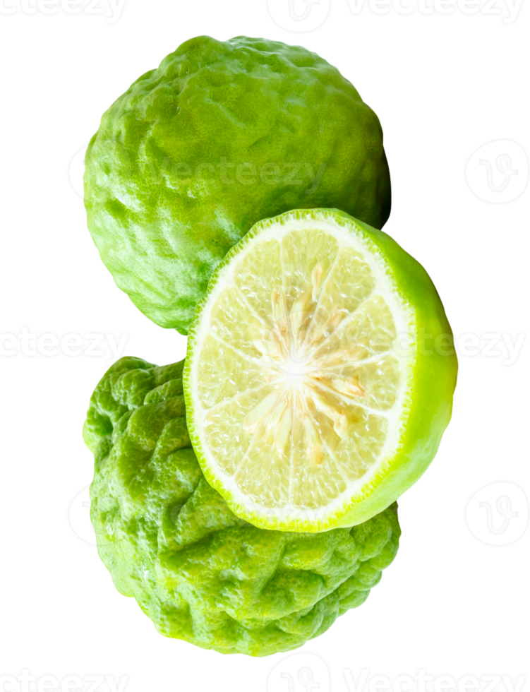 Fresh green bergamot fruits or kaffir lime with half in stack isolated with clipping path in file format png