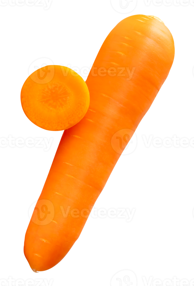 One fresh orange carrot root with slice in circle in stack isolated with clipping path in file format png