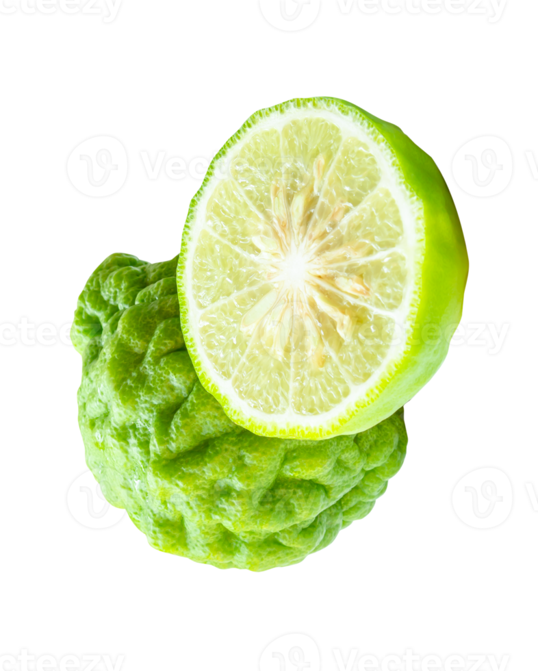 Green bergamot fruit or kaffir lime with half in stack isolated with clipping path in file format png