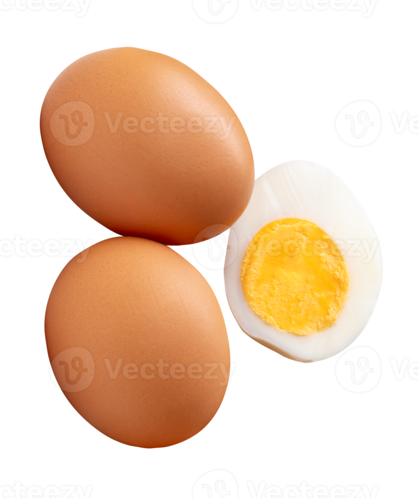 Three pieces of raw brown chicken eggs and cooked or boiled chicken egg with egg yolk in half isolated with clipping path in file format png