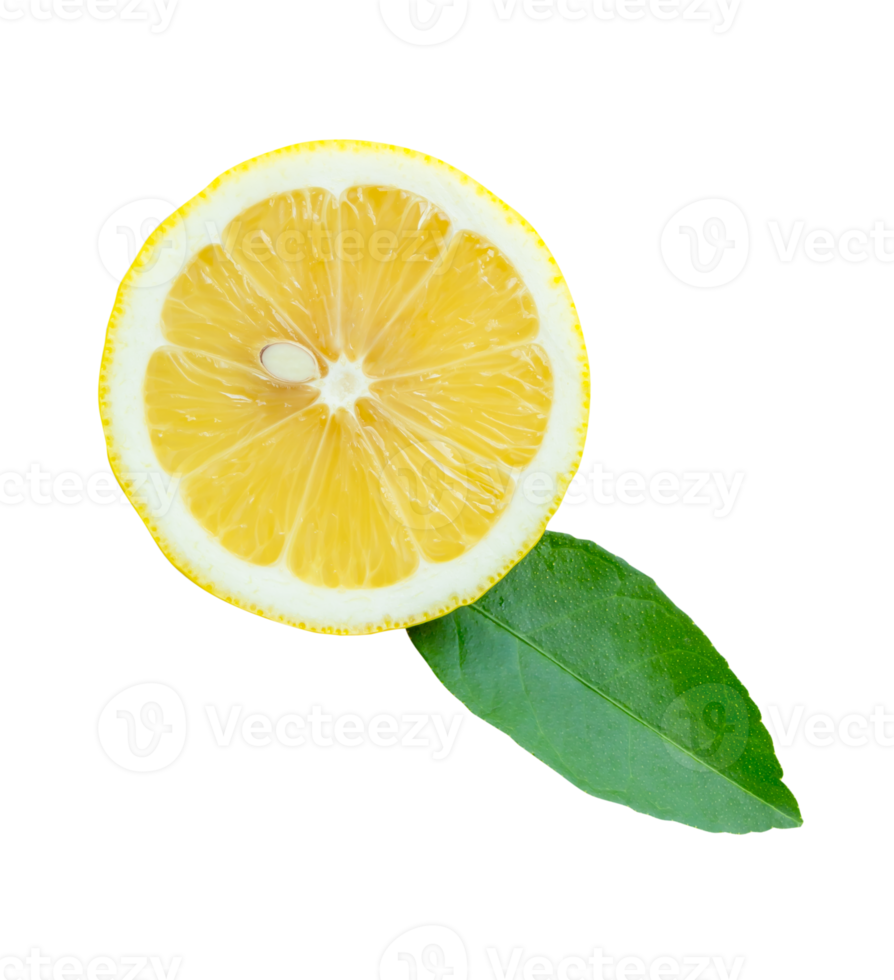 Front view of ripe yellow lemon fruit in one half with green leaf isolated with clipping path in file format png