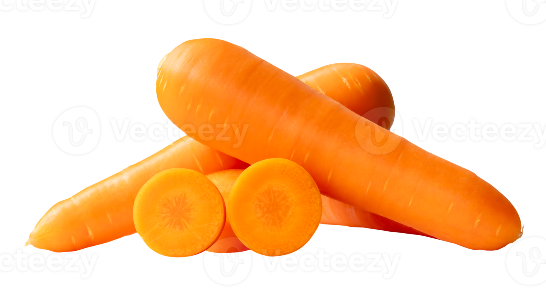 Side view of three fresh orange carrot roots with slices in circles in stack isolated with clipping path in file format png