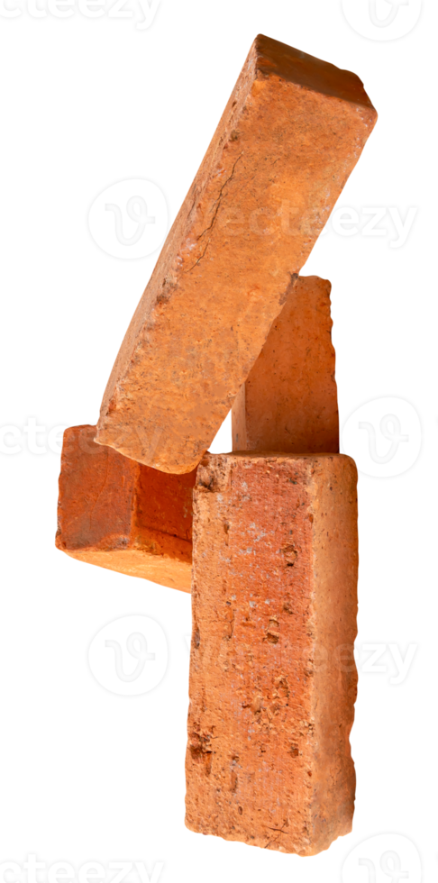 A vertical pile of four cracked old red or orange bricks isolated with clipping path in file format png
