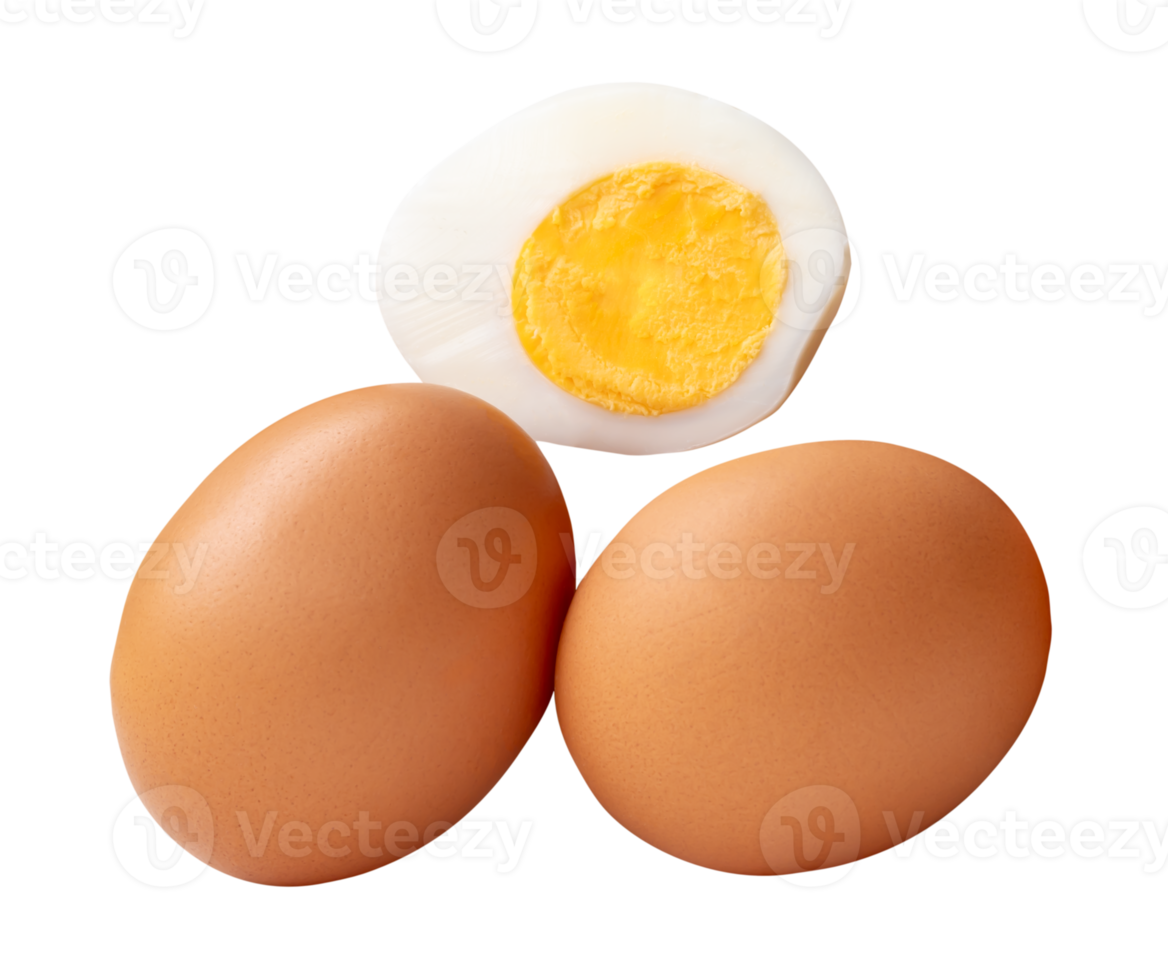 Top view of raw brown chicken eggs and cooked or boiled chicken egg with egg yolk in half isolated with clipping path in file format png
