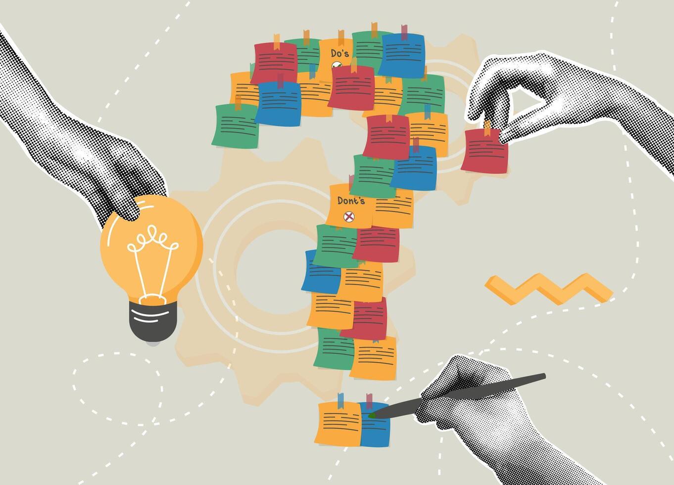 Trendy halftone collage.Brainstorming.Ideas and solutions for innovation.Concept of problem enumeration to find idea for solution,uncertainty,doubt,clarification,problem solving concept. vector