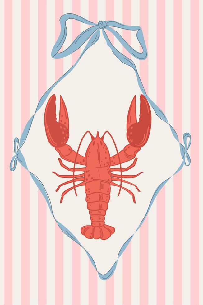 illustration in doodle style. Illustration of elegant lobster framed with ribbons,on striped background. Poster sketch in dolce vita style. illustration vector