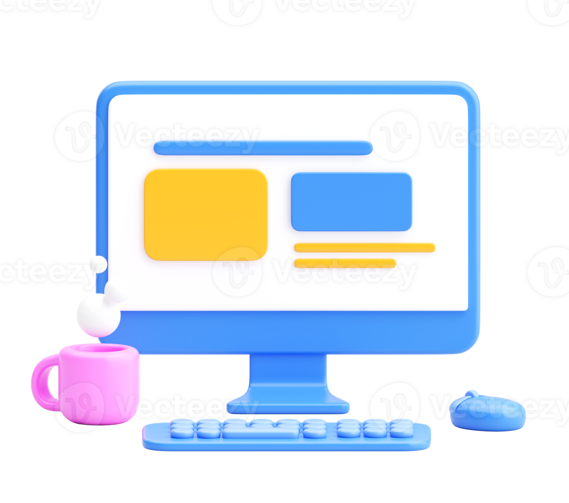 3D Computer Desk Scene with Website or Dashboard Layout on Screen Representing UI UX Design and Digital Workspace png