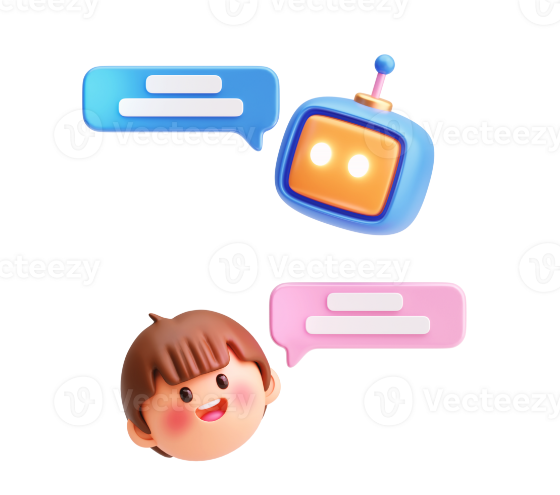3D Chat bot and Child Head with Speech Bubbles for AI Conversation and Communication Concept png