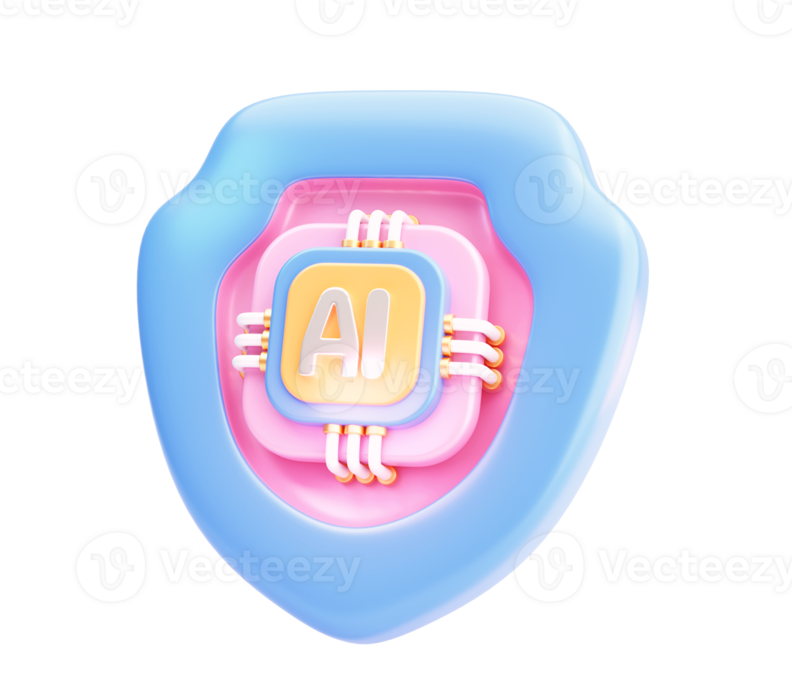 3D AI Chip on Shield Icon Representing Artificial Intelligence Security Protection png