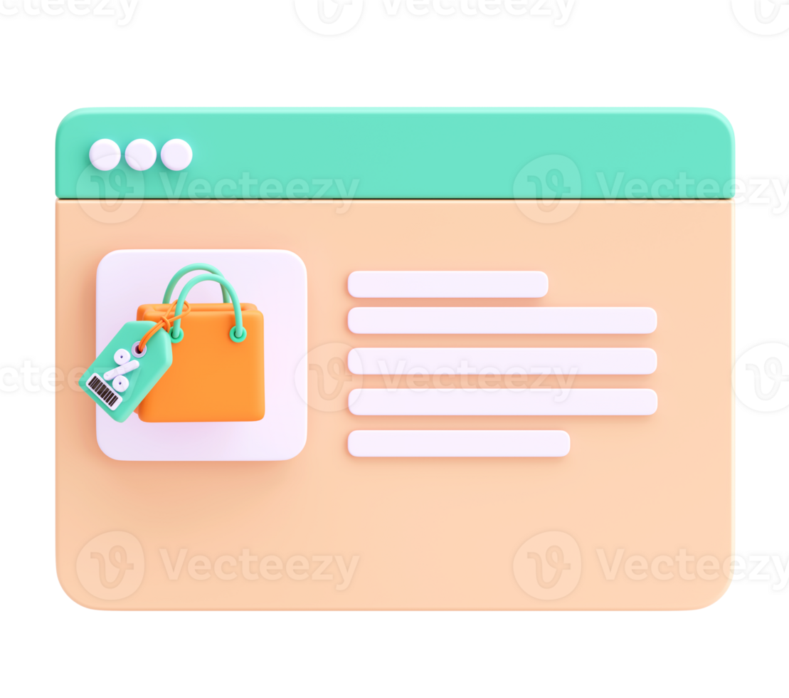 3D Shopping Bag Icon with Discount Tag on Website Interface png