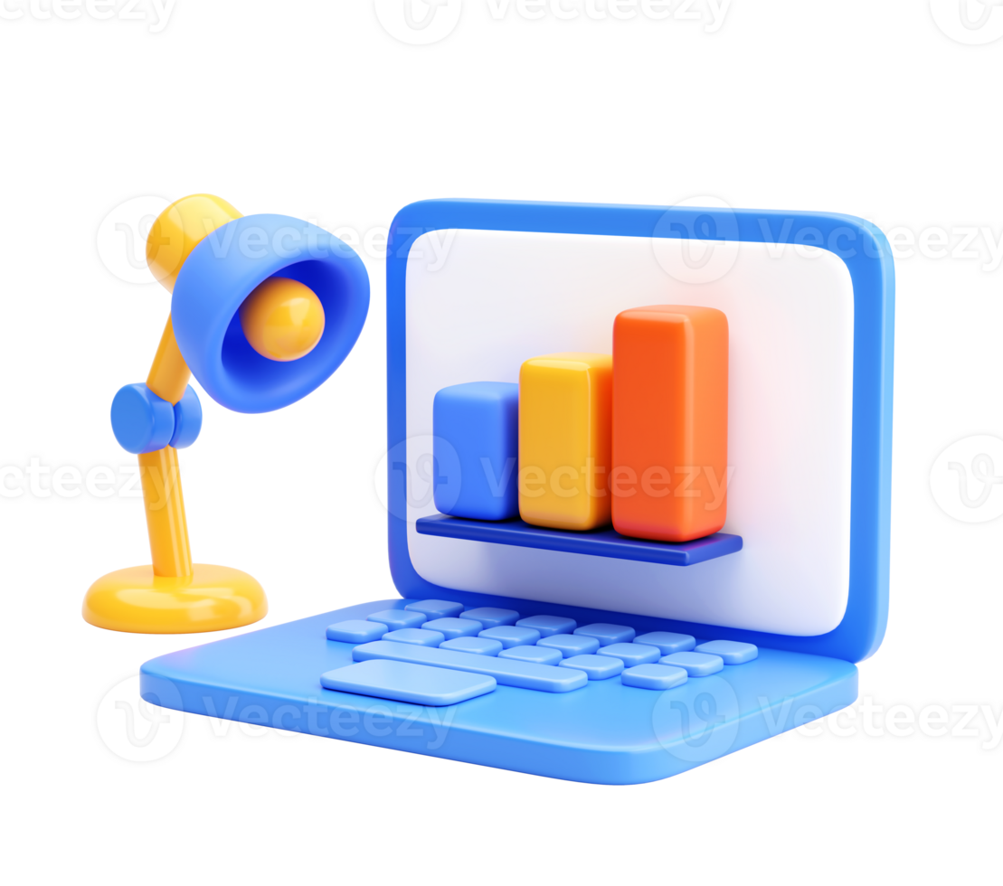 3D Laptop Displaying Bar Chart with Desk Lamp Icon Representing Business Analytics and Digital Growth Concept png