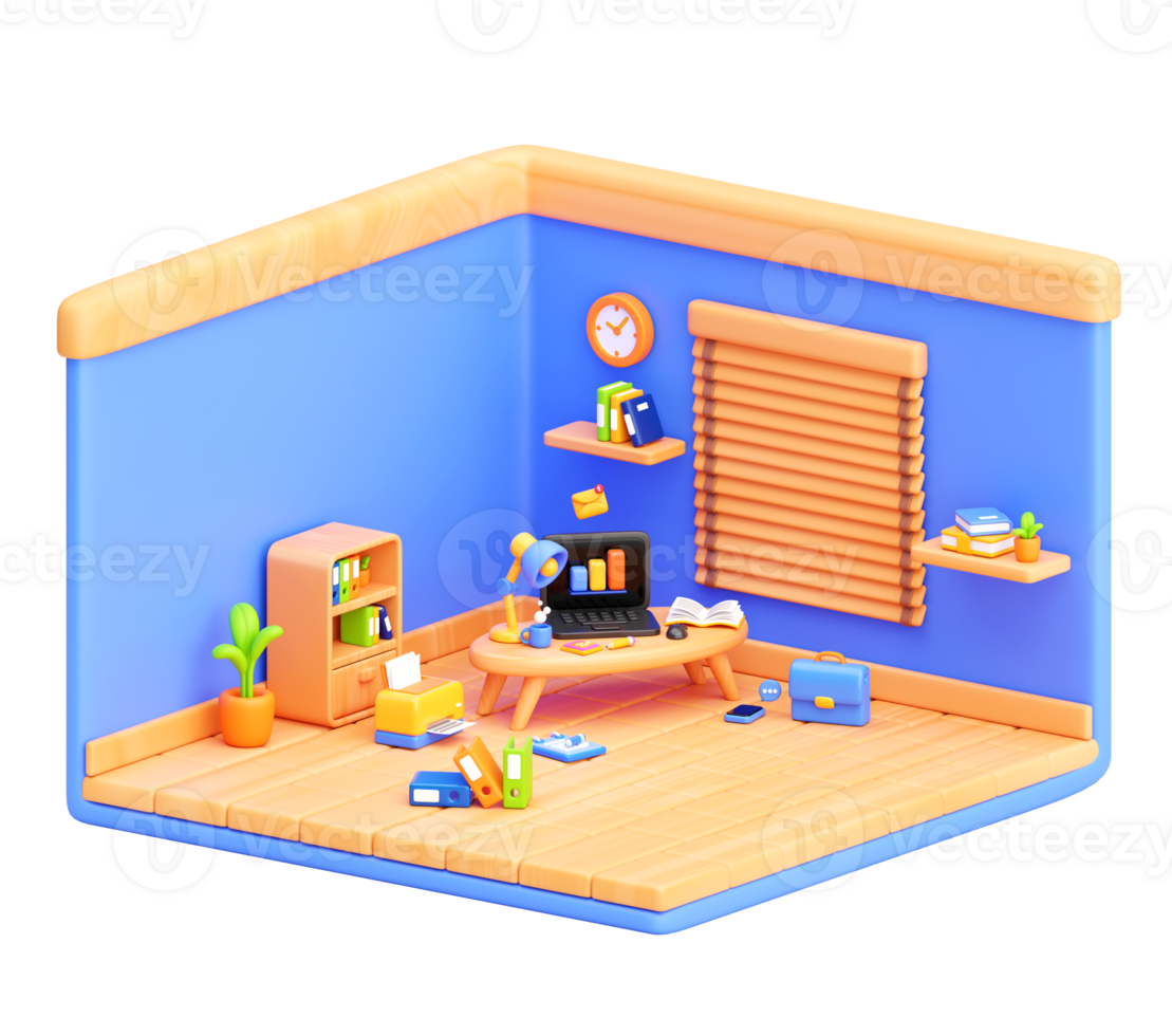 3D Isometric Home Office Room Scene with Laptop, Books, and Decor Representing Remote Work and Productivity Environment png