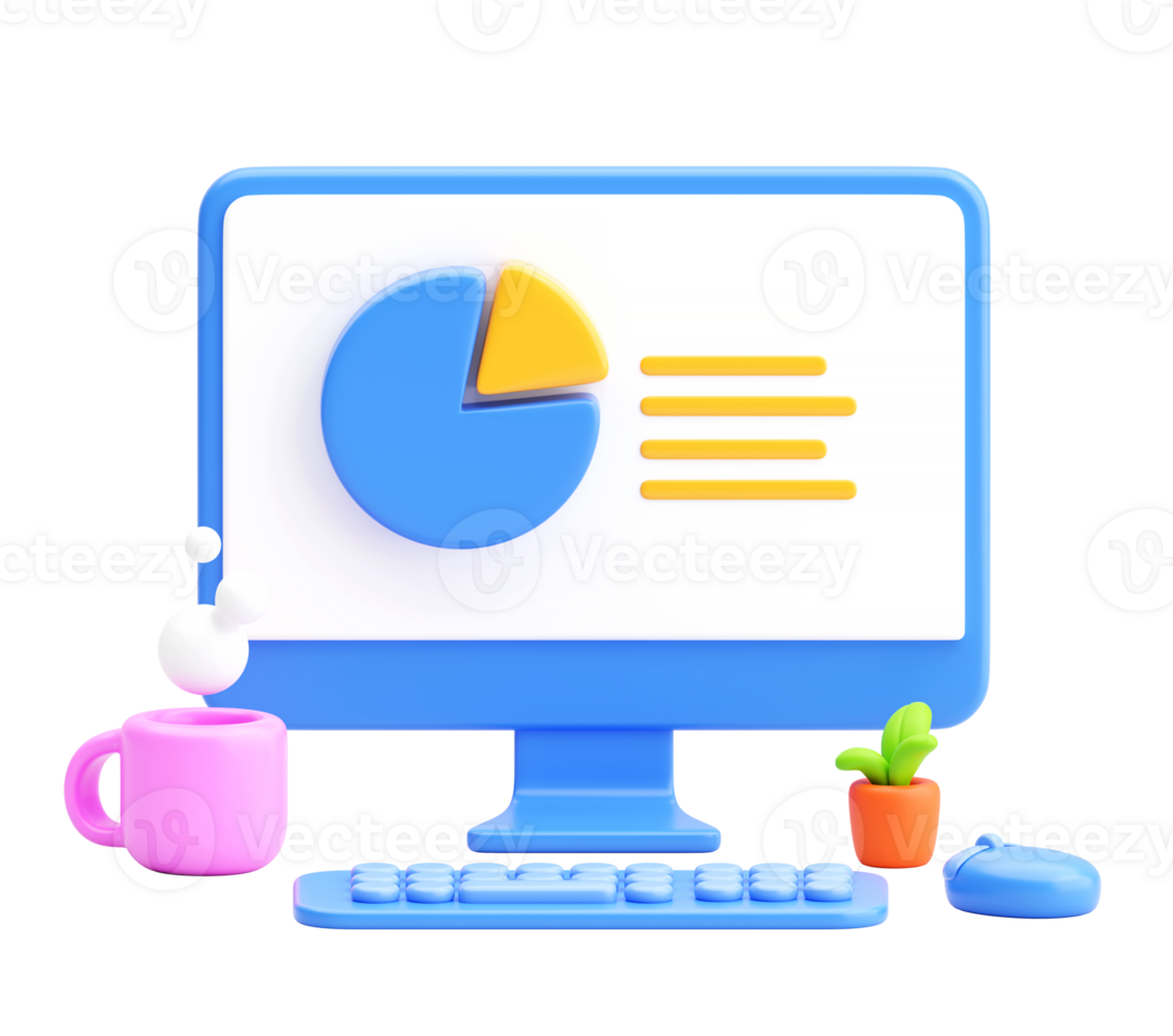 3D Office Desk Scene with Computer Displaying Pie Chart and Analytics Interface Representing Business Report and Data Visualization png