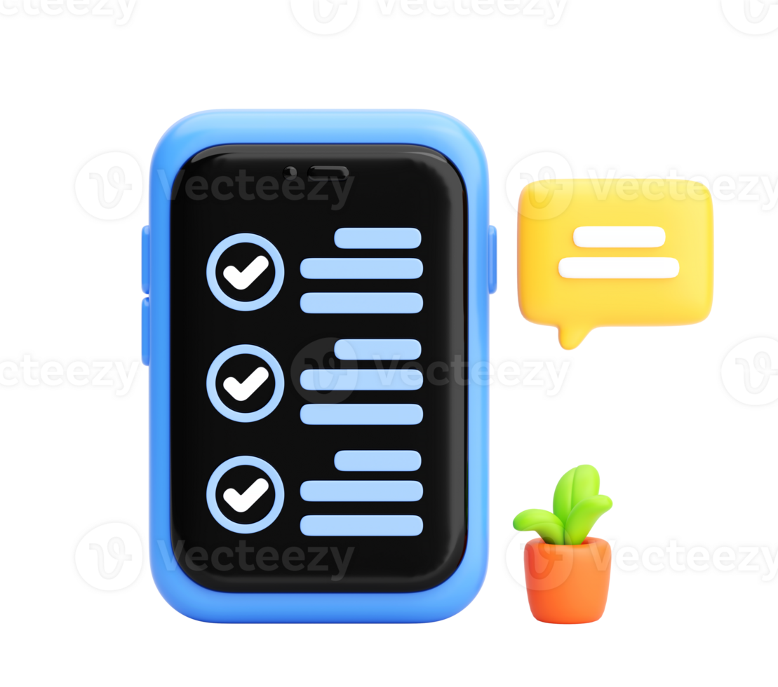 3D Mobile Checklist App Icon with Task List, Chat Bubble, and Plant Representing Productivity and Task Management png