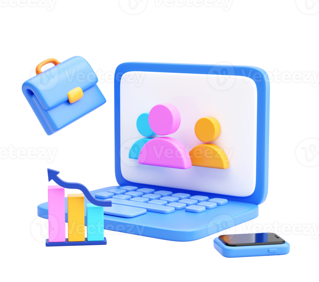 3D Business Teamwork and Growth Concept with Laptop, Chart, Briefcase, and Smartphone Icon Representing Online Collaboration png
